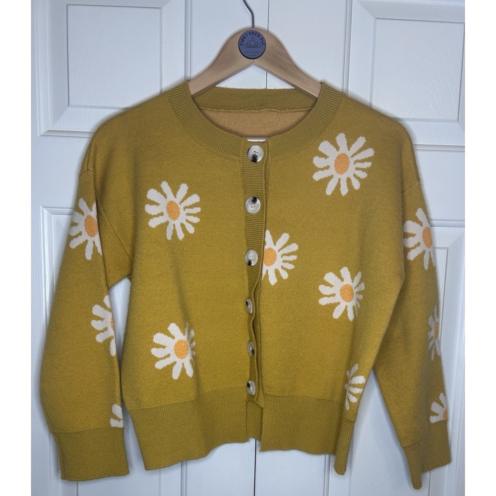 Mustard Yellow Daisy Knit Cardigan Sweater Retro Floral Maximalist Eclectic S‎